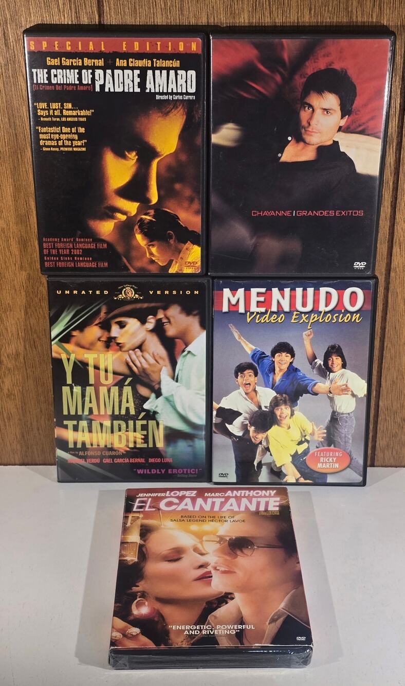 Spanish DVD Lot 5 El Cantante Y Tu Mamá También Padre Amaro Chayanne Menudo